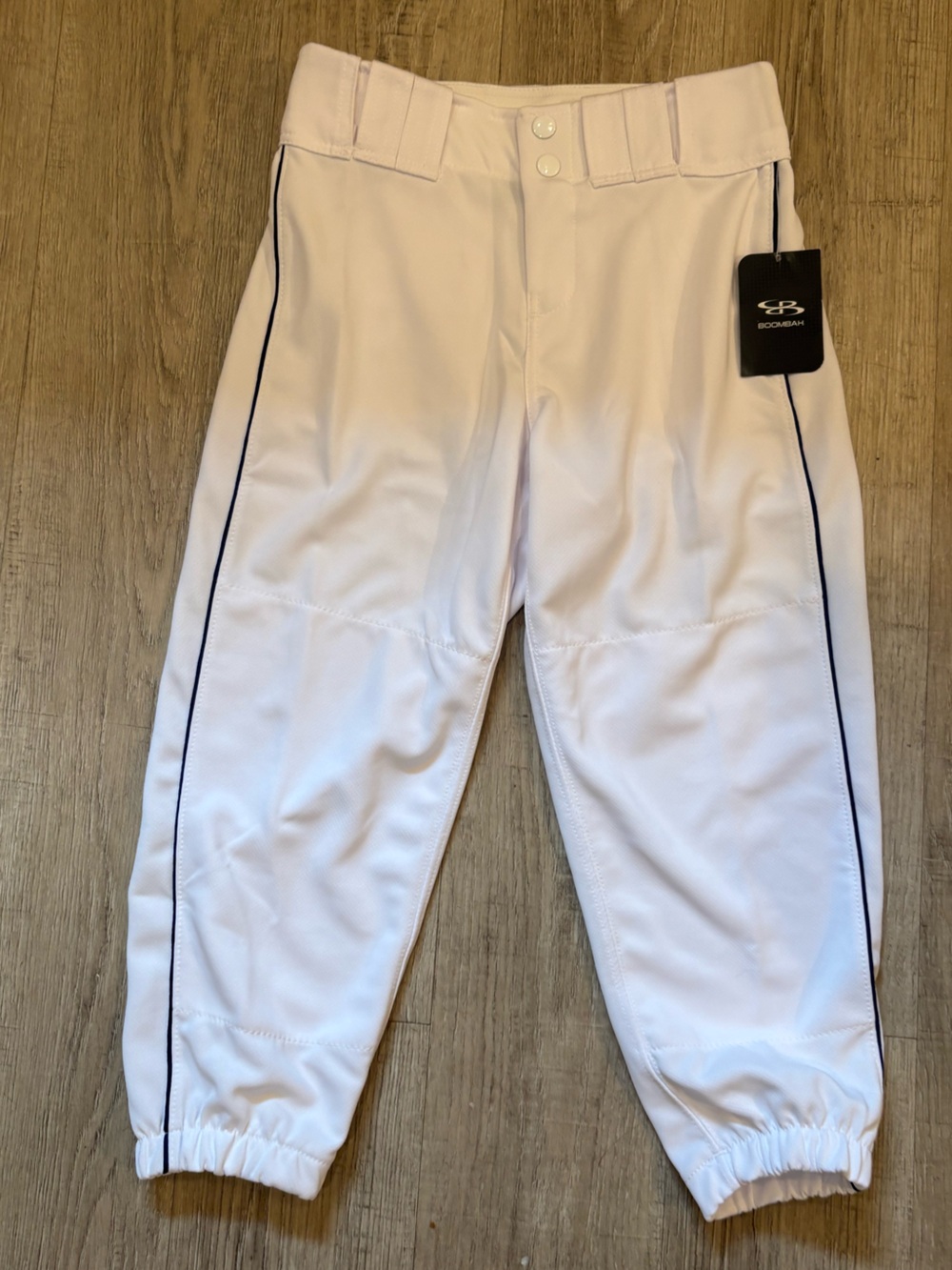 Boombah Kids White Baseball Pants with Navy Piping size 26 x 19